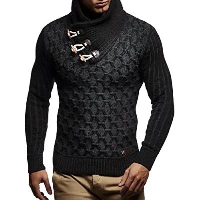 Image of Leif Nelson Men&#039;s Pullover Knit Sweater Chunky Shawl Collar LN 5385 Anthracite Black Medium