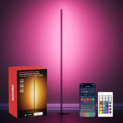 Image of SwitchBot Matter LED Floor Lamp, RGBCCT Corner Lamp Work with Apple Home, Alexa, Google APP &amp; Remote Control, Warm Cool White, Music Sync, Scene Modes, Black Standing for Living Room