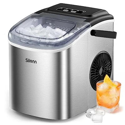 Image of Silonn Countertop Ice Maker Machine, 9 Cubes Ready in 6 Mins, 11.8KG 24Hrs, Self Cleaning Machine with Scoop and Basket, 2 Sizes of Bullet for Home Kitchen Office Bar Party