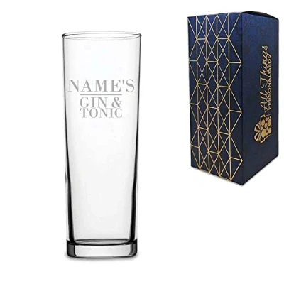 Image of Personalised Engraved Novelty Tubo Hiball Tumbler Name&#039;s Gin and Tonic Gift Boxed, Tall Glass, in The UK, for Her, Holds Up to 10.5oz/310ml