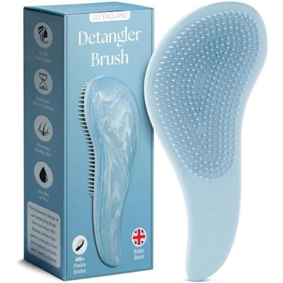 Image of Detangle Hair Brush for Curly Hair, Straight, Thick or Natural Gentle Detangling Hairbrush Kids, Women, &amp; Toddlers with Flexible Bristles Lily England Detangler Brush, Blue
