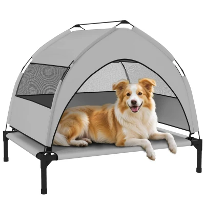Image of PawHut Elevated Dog Bed with Removable Canopy, Portable Cooling Raised Pet Cot Breathable Mesh, Storage Bag, for Indoor Outdoor Use, Small Medium Dogs, 76 x 61 60 cm, Light Grey