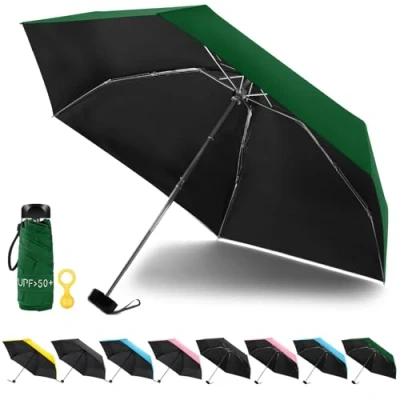Image of Vicloon Mini Travel Umbrella, Pocket Umbrella Foldable Compact with Flat Handle, 6 Rib Light Weight Waterproof Sturdy and Portable Rain Sun UPF&gt;50+ Protection (Dark Green)