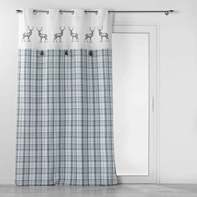 Image of Douceur d&#039;Intérieur, 140 x 240 cm Megeve Blue Cotton Woven Eyelet Curtain with Pom Print