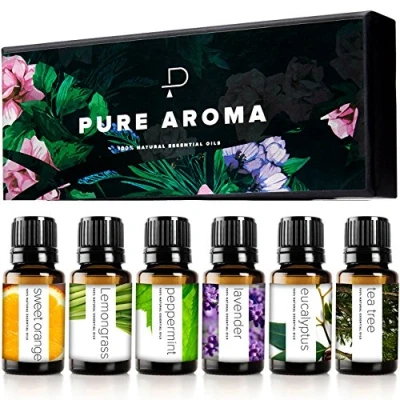 Image of Essential Oils by Pure Aroma 100% Therapeutic Grade kit Top 6 Aromatherapy Gift Set Pack, 10ML(Eucalyptus, Lavender, Lemon Grass, Orange, Peppermint, Tea Tree)