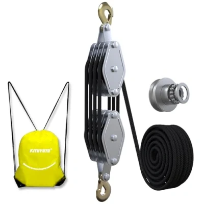 Image of KITUYOTO Block and Tackle Pulley System 4400 LBS Breaking Strength, 1100 Work Load for Lifting, 7:1 Lifting Power, 65 Feet 3/8&quot; Rope Hoist, Heavy Duty Hoist(Black)