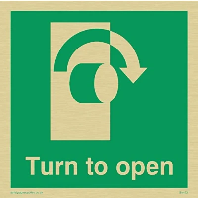 Image of Viking Signs SA403 S10 G Right Down Arrow &quot;Turn To Open&quot; Sign, Rigid Gold Plastic, 100 mm H x W