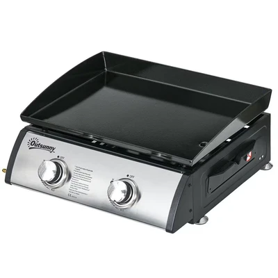 Image of Outsunny Gas Plancha Grill with 2 Stainless Steel Burner, 10kW, Portable Tabletop BBQ Non Stick Griddle for Camping Picnic Garden Party Festival