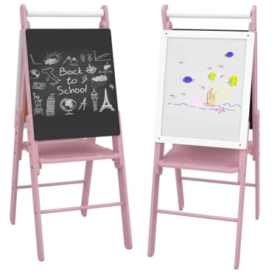 Image of AIYAPLAY Art Easel for Kids with Paper Roll, Height Adjustable Double Sided Whiteboard Chalkboard, 3 in 1 Toddlers, Ages 6 Years Pink