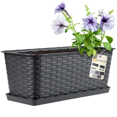 Image of KADAX Rattan like Planter, Plastic Long Box with Drainage Holes and Saucer, Rectangular Outdoor Plant Pot for Balcony, Railing, Windowsill (40 cm, Anthracite)