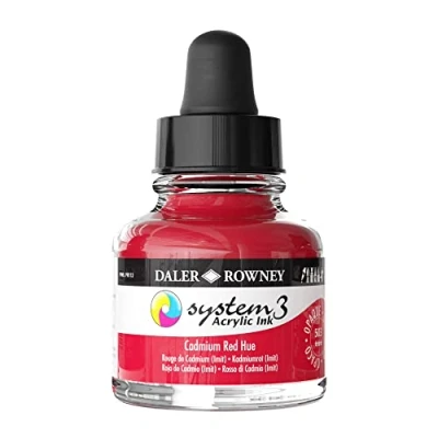 Image of Daler Rowney System3 Acrylic Ink, Glass Bottle with Dropper, Opaque, 1oz 29.5 ml, Cadmium Red Hue