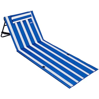 Image of Detex® Folding Beach Lounger With Adjustable Backrest Lightly Padded Foldable Sun Bed Side Pocket Cushion Shoulder Strap Weatherproof Mat Blue And White