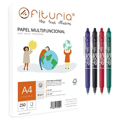 Image of A4 80g Pack with 250 White Sheets, Multifunctional Paper for School and Work Environments, Ideal Laser or Injection Printers + 4 Pilot Frixion (Black/Pink/Purple/Light Blue)