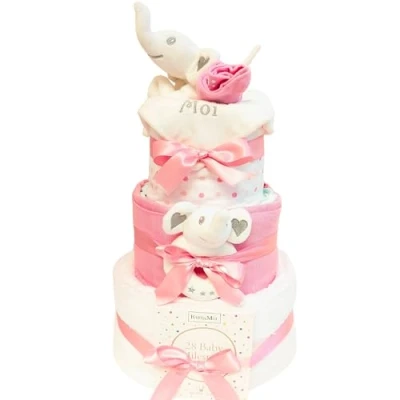 Image of New Born Baby Girl Gift Set 3 Tier Nappy Cake (Pink) Hamper Elephant Theme Shower Present