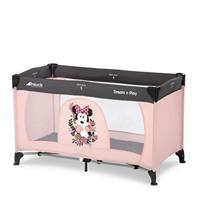 Image of hauck Dream N Play, Disney Minne Mouse Sweetheart Travel Cot with Transport Bag for Babies &amp; Toddlers, Lightweight, Fast Compact Folding, 120cm x 60cm, from Birth up to 15 kg