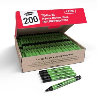 Image of Show Me Whiteboard Pens, Marker Pens For Whiteboard, Long Lasting Markers With Easy Fit Lids, Comfortable &amp; Safe Dry Wipe Anti Splay Nibs Medium, Black, 200PK