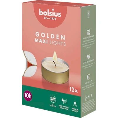 Image of Bolsius Maxi Tea Lights with Golden Cup Pack of 12 10 Hours Burning Time Decorative Household Candles Unscented Natural Vegan Wax Without Palm Oil, Gold