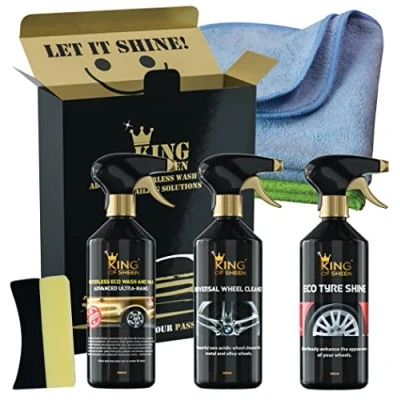Image of King of Sheen Exterior Car Cleaning Kit Advanced Ultra Nano Waterless Wash &amp; Wax 500ml, Universal Wheel Cleaner Eco Tyre Shine 500ml and 2 Proffessional Microfibre Cloths