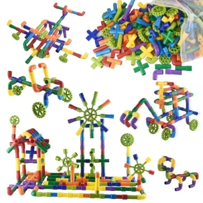 Image of Dr.OX Tube Building Blocks, 242 Pieces Toy Pipe,Tubular Spout Construction Fun Educational Toys with Wheels, Parts and Storage Bag for Kids Boys Girls Ages 3+