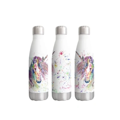 Image of Vixar Unicorn Watercolour rainbow art Bottle double Wall insulated Stainless steel sport Drinks 500ml WHITE Gift ideal for school work office Oudoor sports keeps Hot and Cold