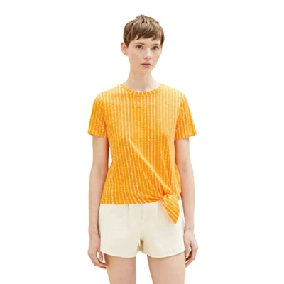 Image of TOM TAILOR Denim Women&#039;s 1037245 Summer T Shirt with Knot Detail, 31713 Mango Batik Vichy Print, M