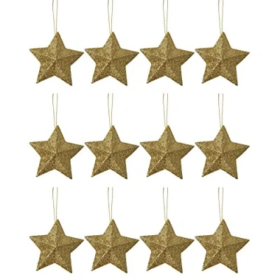 Image of 12 x Gold Glitter 3D Shaped Stars Hanging Christmas Tree Ornament Window Decoration XMAS Accessories