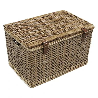 Image of JVL Handmade Buff Wicker Hampers with Faux Leather Straps, Large, Brown