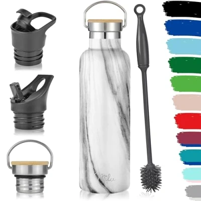 Image of Milu Stainless Steel Drinking Bottle 350ml, 500ml, 750ml, 1l (+3 Lids) Thermo with Straw, Water Bottle, for Hot, Cold &amp; Carbonated Drinks (Marble, 750ml)