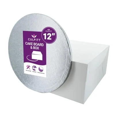 Image of Culpitt 12&quot; Round Silver Cake Drum Board &amp; White Box Combo, 12 Inch Square and Matching Circle Set For Transport