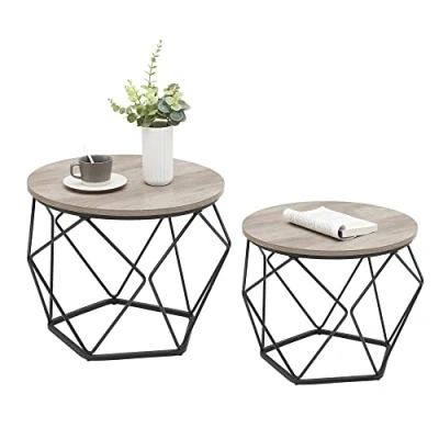Image of VASAGLE LET040B02 Round Coffee Table, Set of 2, Side Sofa End, Industrial Style, Removable Tray, Steel Frame, for Living Rooms, Grey Beige and Black
