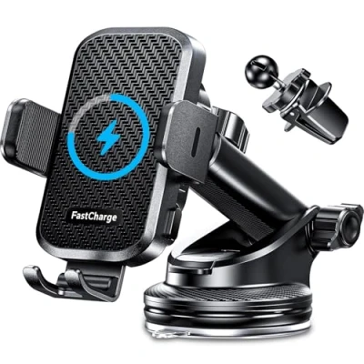 Image of CHGeek Car Phone Holder Wireless Charger, Charger with 15W Fast Charging for Dashboard Windshield Air Vent, iPhone, Samsung Galaxy etc Black