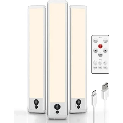 Image of EZVALO Under Cabinet KitchenLights, 3 Pack of 3500K Dimmable Wireless Motion Sensor Lights Indoor with Remote Control, 23 cm USB C Rechargeable Night for Kitchen,Wardrobe and Cupboard (Warm)