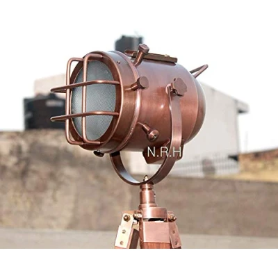 Image of Nautical Replica Hub Copper Floor Lamp Marine Wooden Tripod Searchlight Spot Modern Look Corner