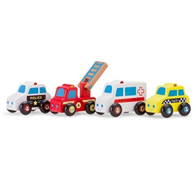 Image of New Classic Toys 11930 4 Wooden Vehicles Set for Toddlers First One Year Old, Children Age 18 Months, Multi Color, Cars