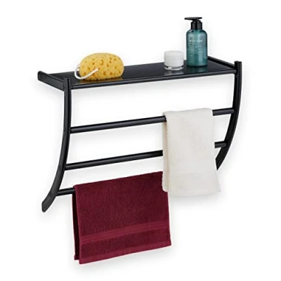 Image of Relaxdays Rack, 3 Rails, H x W D: 44 56.5 23 cm, Wall Towel Holder, Steel, Black