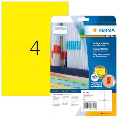 Image of HERMA Self Adhesive Coloured Labels, 4 Labels per A4 Sheet, 20 Sheets, 105 x 148 mm, 80 Blank Removable Colour Stickers, Sticky for Laser &amp; Inkjet Printer, Yellow