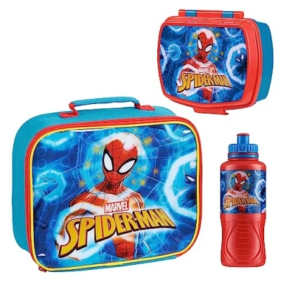 Image of Marvel Kids Lunch Box 3 Piece Set Avengers Insulated Bag Snack 430ml Spiderman Water Bottle BPA Free School Travel Captain America Iron Man Thor (Multicolor Spiderman)