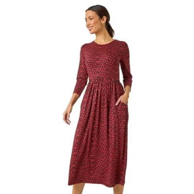 Image of Roman Originals Maxi Dress with Pockets for Women UK Ladies Stretchy Jersey Midi Elasticated Gathered High Waist Skater Swing Fit Flare Office Work Smart Casual Boho Rust Size 12