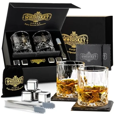 Image of WHISISKEY Whiskey Glass Set Gift Sets for Men Whisky Birthday Gifts Rum Tumblers Mens with 2 Glasses, 4 Stones, Accessories