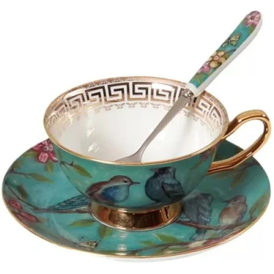 Image of Eplze YBK Tech Euro Style Cup&amp; Saucer Set, Bone China Teacup Coffee Cup for Breakfast Home Kitchen Birds and Trees Patterns (Blue)