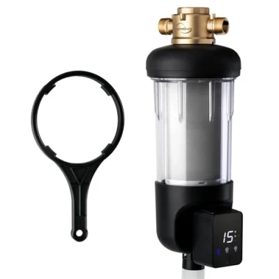 Image of iSpring WSP50ARJ Spin Down Sediment Water Filter, Upgraded Jumbo Size, Large Capacity, Reusable with Touch Screen Auto Flushing Module, Brass Top Clear Housing, 50 Micron