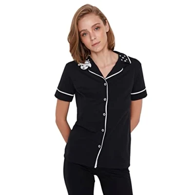 Image of Trendyol Women Straight Piping detailed Medium Knitted Shirt Trousers Pajama Set Black