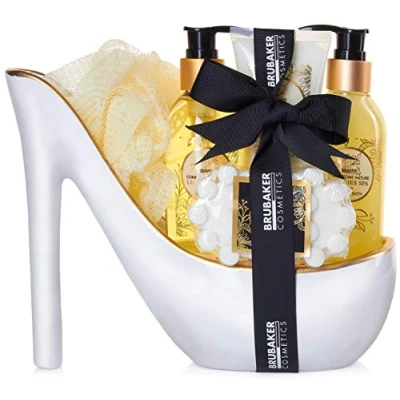 Image of BRUBAKER Cosmetics Luxus Vanilla Spa Beautyset 6 Piece Bath and Shower Set Gift in Ceramic Stiletto White Gold