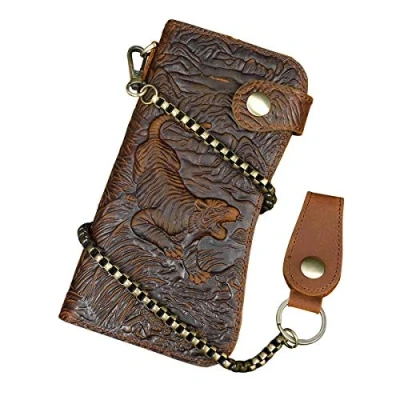 Image of LUUFAN Mens Leather Long Bifold Wallet, Vintage Chain Wallet with Zipper Pocket (Chain Wallet2)