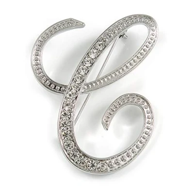 Image of &#039;C&#039; Rhodium Plated Clear Crystal Letter C Alphabet Initial Brooch Personalised Jewellery Gift 50mm Tall