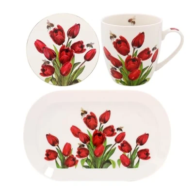 Image of Lesser &amp; Pavey Bee Tanical Floral Mug Coaster Set Bergamot, Tulip, Thistle, Magnolia Designs (Tulip)