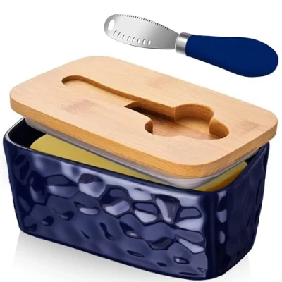 Image of Ceramic Butter Dish with Lid and Knife Porcelain Container Cutter Easy Spread Kitchen Accessories Tableware (Blue)