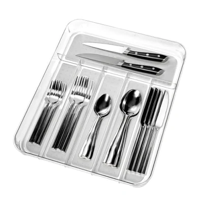 Image of madesmart Silverware Tray Large Light Grey Clear Soft grip Collection 6 compartment Lining Non slip Feet BPA free,15.69 x 13 1.88 in (39.85 33.02 4.76 cm)
