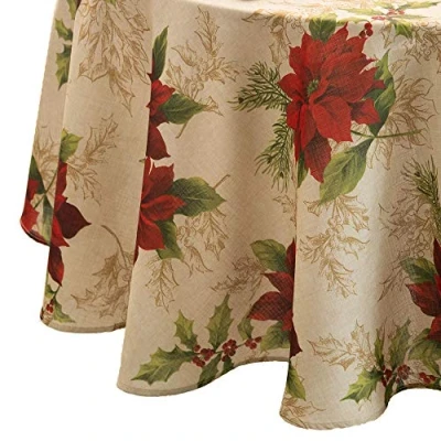 Image of Elrene Home Fashions Festive Poinsettia Holiday Fabric Tablecloth, Multi, 60&quot;x84&quot; Oval (Tablecloth)