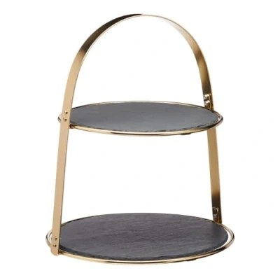 Image of Artesà Cake Stand, 2 tier, with Round Slate Serving Platters and Brass Finish, 29.5 x 35 cm